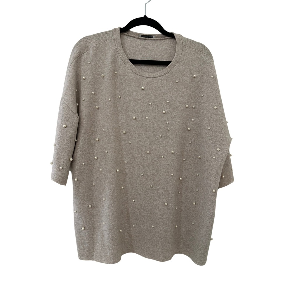 Zara Trafaluc Beige Pearl Embellished Oversized Knit Top Short Sleeve L Minimal